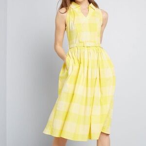 CLOSET CLOSING Collectif x ModCloth | Yellow Gingham Midi Flare Midi Dress